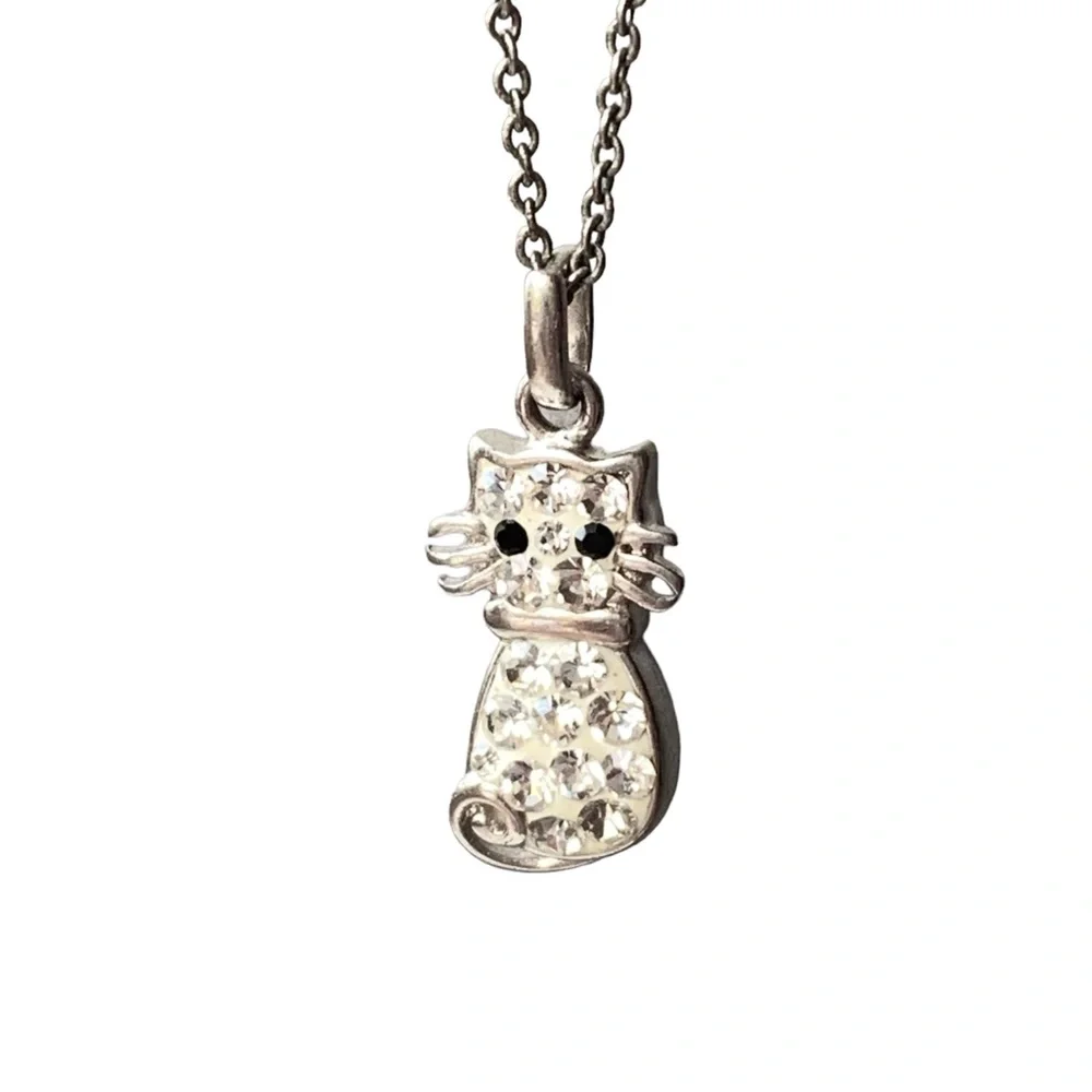 Mini Enamel & Crystal Silver Plated Kitty Cat Whiskers Necklace Kitten Woman’s - Picture 1 of 8